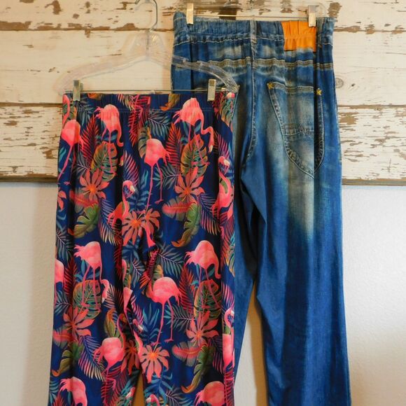 Brief Insanity Lounge Pants XL Lof of 2 Denim Flamingos Pull-On Elastic Comfort - Picture 6 of 10